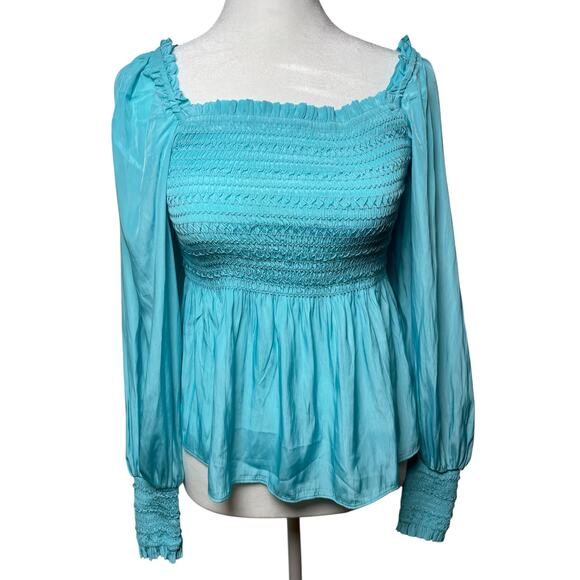 Boston Proper Isabela Smocked Peplum Drama Sleeve Blue Blouse Size XS (2-4) - Picture 1 of 6